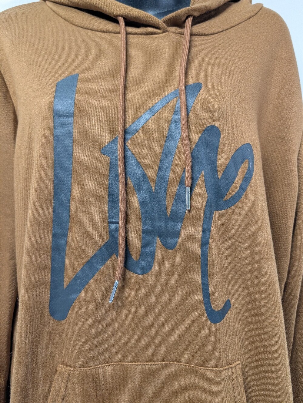 Pretty Garden Brown "Live" Script Hoodie L Long Pullover Sweatshirt Pocket NWT - Picture 5 of 8